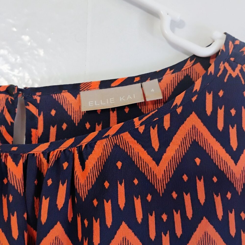 Ellie Kai Silk Blouse Sz 4 Orange Navy Printed Long Sleeve Flowy Top - Picture 2 of 4